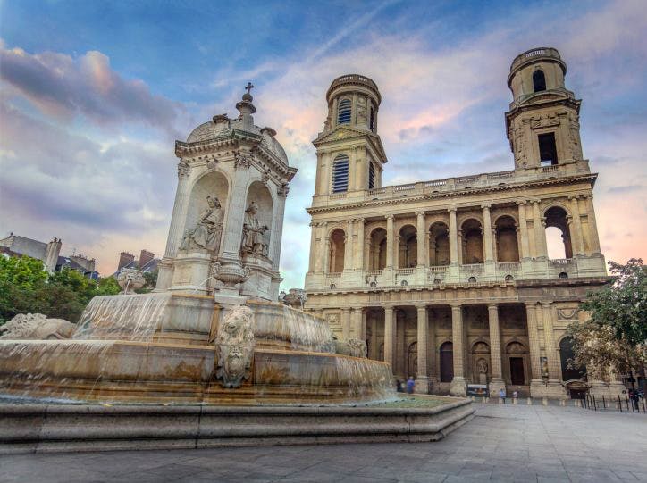 The Church of Saint-Sulpice and Fountain in Paris, France
