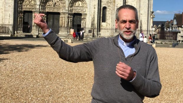Father Emmanuel Blondeau, rector of Notre Dame de Chartres cathedral on the day the Gothic and Romanesque church reopened to townsfolk and people wishing to pray. Photograph: Tala Skari