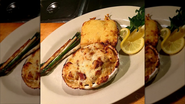 Coquilles Saint-Jacques, scallops with cheese, and crevettes Lorraine